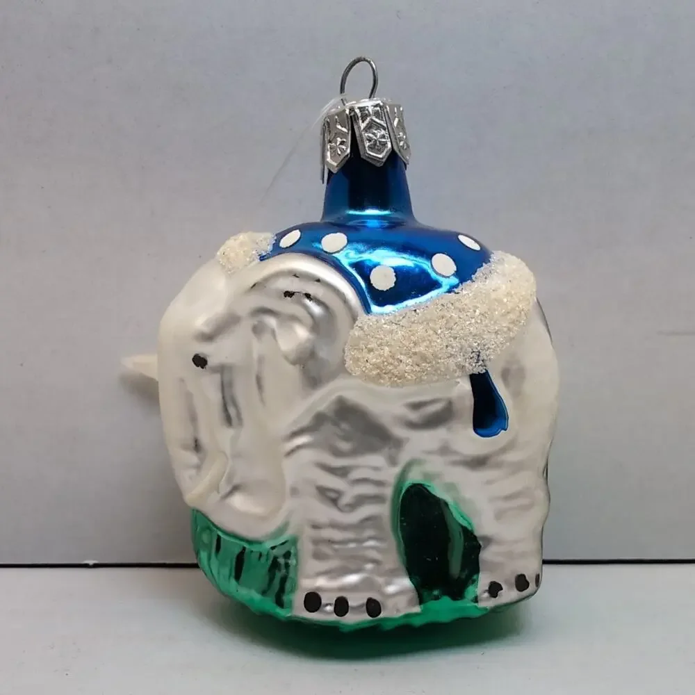 Glass Elephant Ornament Poland‎ Green Blue White Glitter